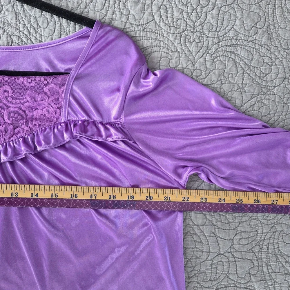 Vtg 80s Womens XL Sleep Shirt Nylon Long Sleeve Lace Front Purple‎ Retro